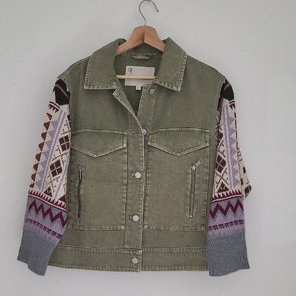 Pilcro Olive Denim Jacket with Colorful Sleeves